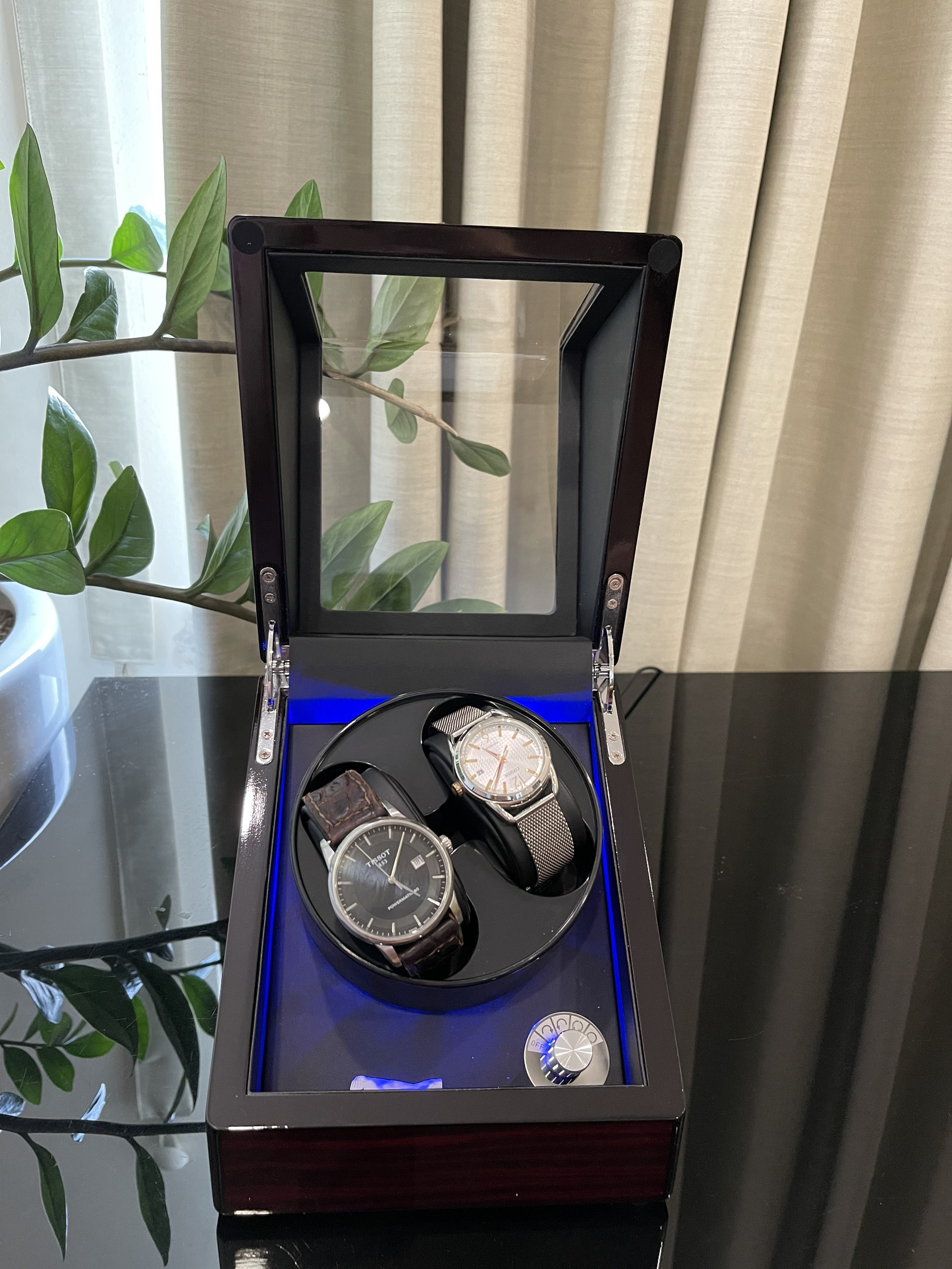 Hộp Xoay Đồng Hồ 4 Chế Độ Xoay - Hộp Đựng 2 Đồng Hồ Cơ, Lên Dây Cót Đồng Hồ Cơ - Hộp Gỗ Có Đèn Led