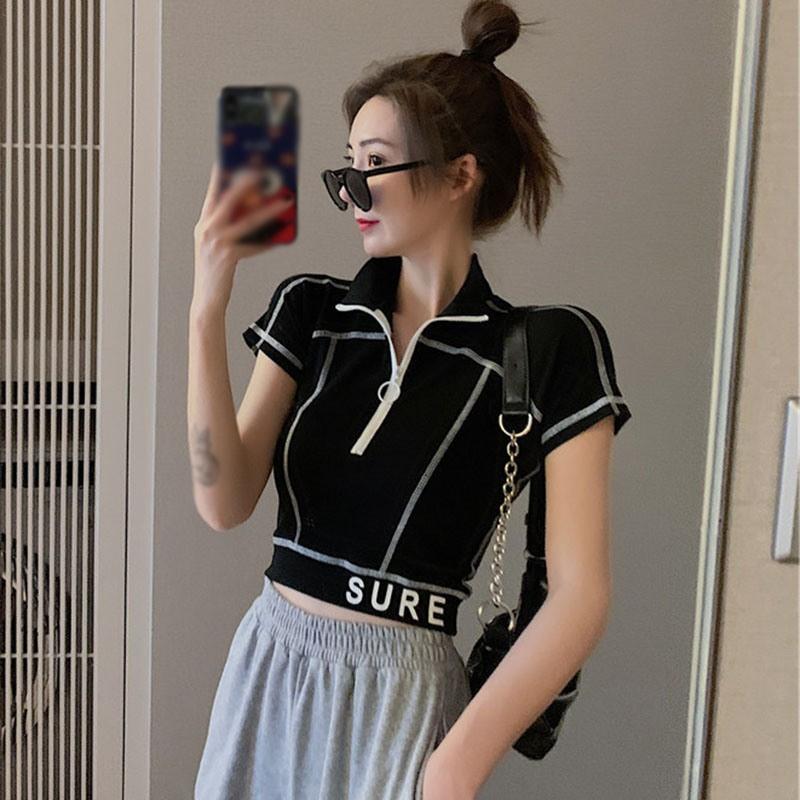 Áo Thun Dệt Kim Tay Ngắn Phối Khóa Kéo Cá Tính Dành Cho Nữ