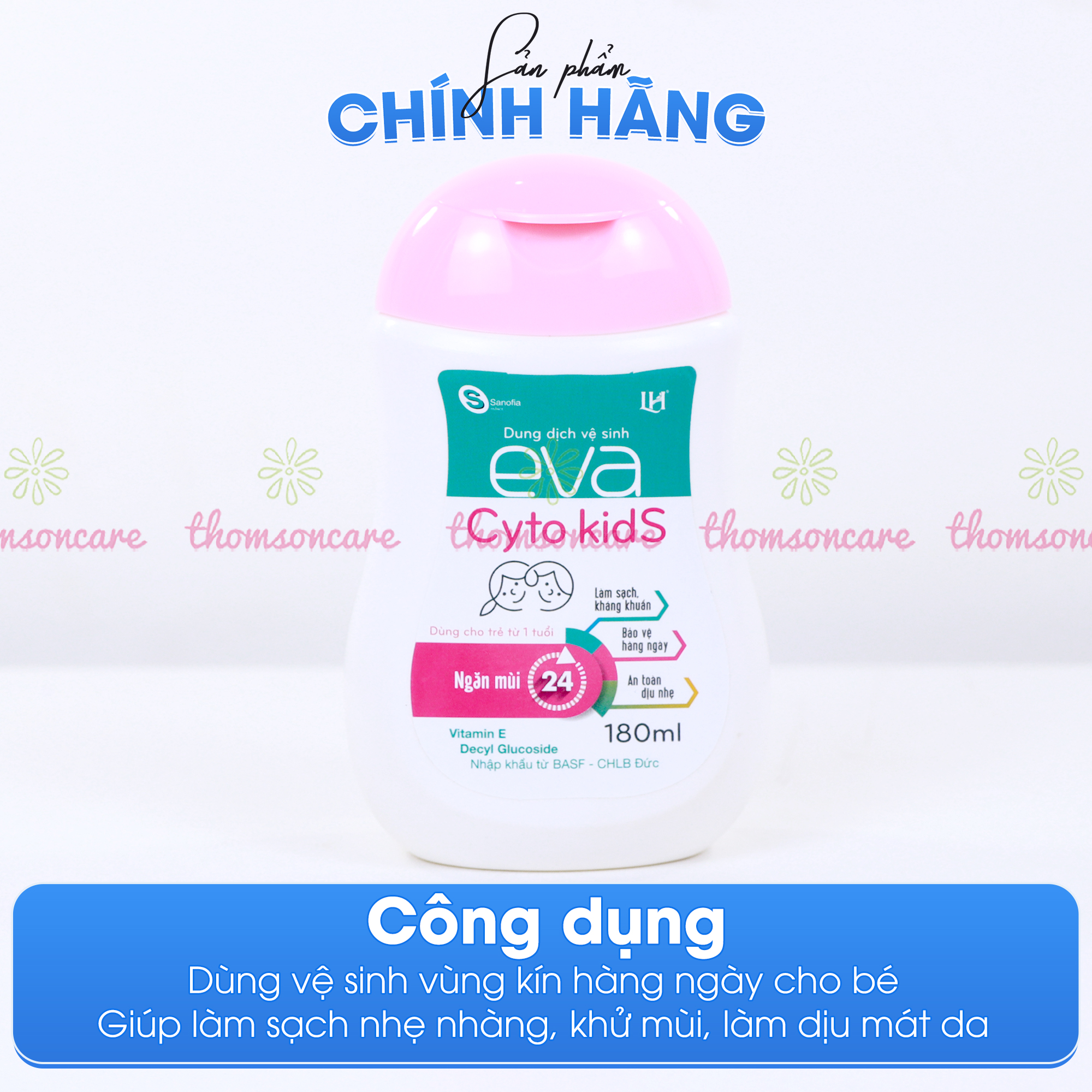 Dung dịch vệ sinh cho bé Eva Cyto Kids, giúp khử mùi, làm sạch, làm dịu mát da từ tinh chất trầu không - Chai 180ml Thomsoncare