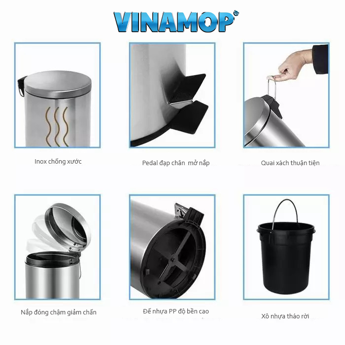 THÙNG RÁC TRÒN INOX ĐẠP CHÂN VINAMOP – VNTB200