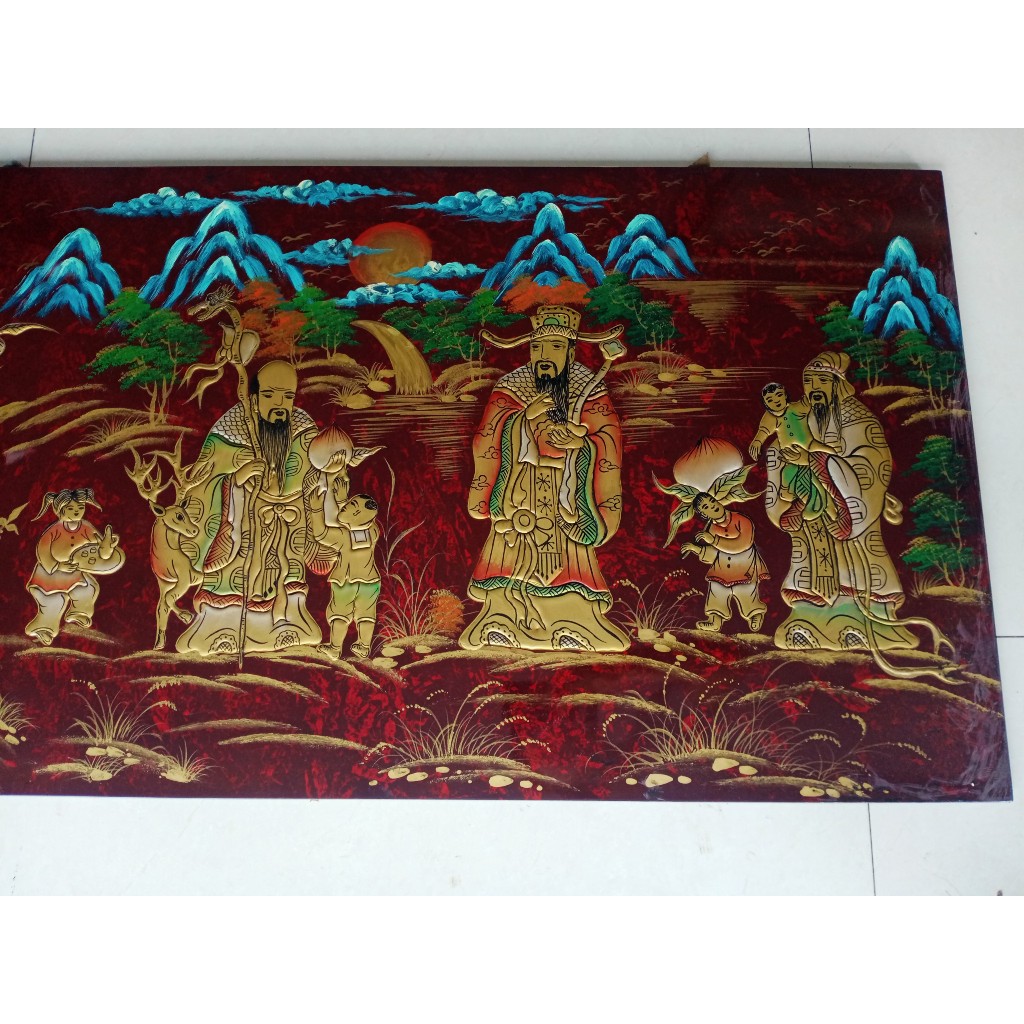 Tranh sơn mài Phúc Lộc Thọ đắp nổi hàng xuất khẩu 60x120 cm trang trí nhà cửa, quà tặng tân gia, chúc Thọ ý nghĩa