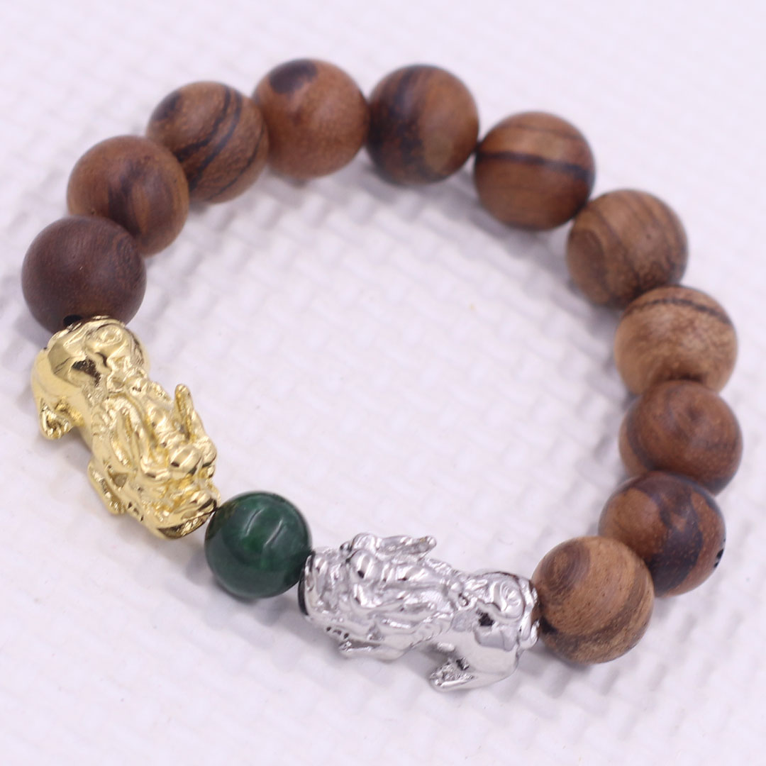 Vòng chuỗi đeo tay gỗ huỳnh đàn 12 ly charm tỳ hưu đôi inox trắng và vàng, vòng chuỗi phong thủy, charm tỳ hưu, vòng tay hạt chuỗi