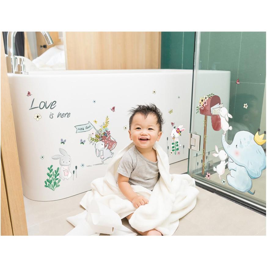 Decal trang trí tường - Khu Vườn Thỏ Trắng Voi xanh màu nhạt