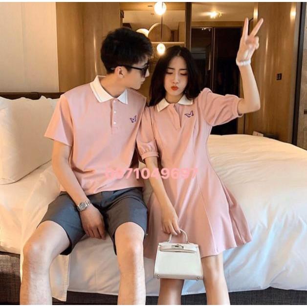 Váy thun đôi: Váy thun polo thêu bướm + Áo polo nam phối hợp