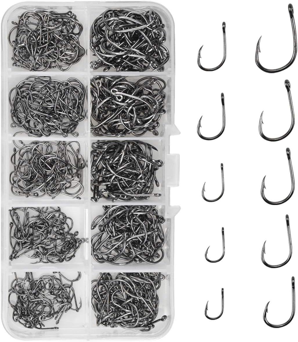 500pcs Câu cá câu cá trong thép thép carbon bằng thép với móc nướng Barbillon với 10 kích cỡ với hộp lưu trữ cho cá nước ngọt
