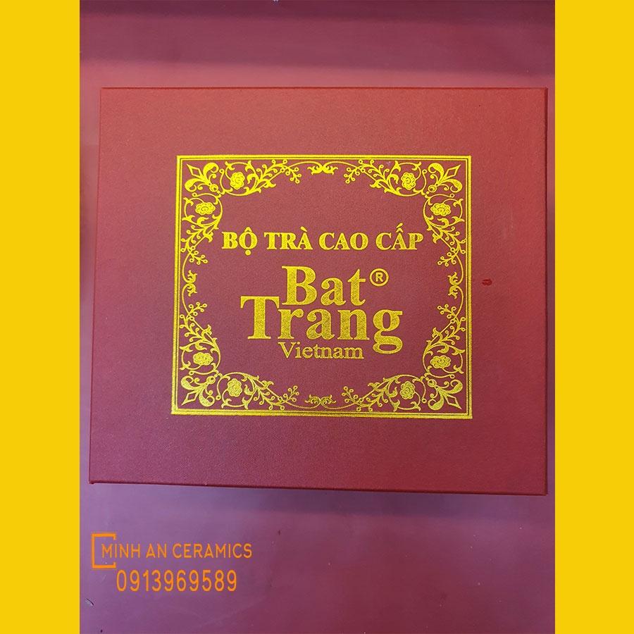 Bộ ấm chén Bát Tràng giả cổ vuông bọc đồng gốm Minh An Bát Tràng vẽ hoa sen