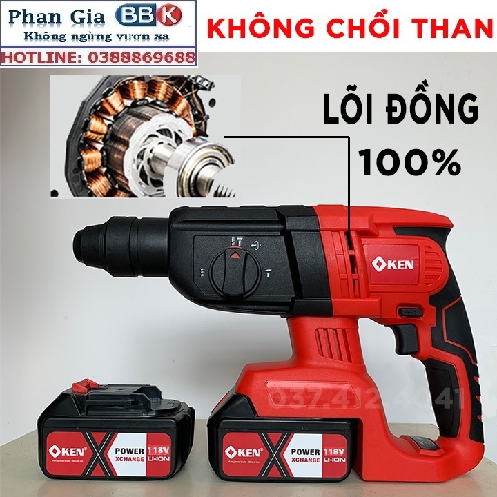 Máy Khoan Bê Tông KEN 188V - PIN 15 CELL 3 Chức năng - Động Cơ Từ Không Chổi Than - Máy Khoan Có Búa 100% Dây Đồng - Bảo Hành 12 Tháng