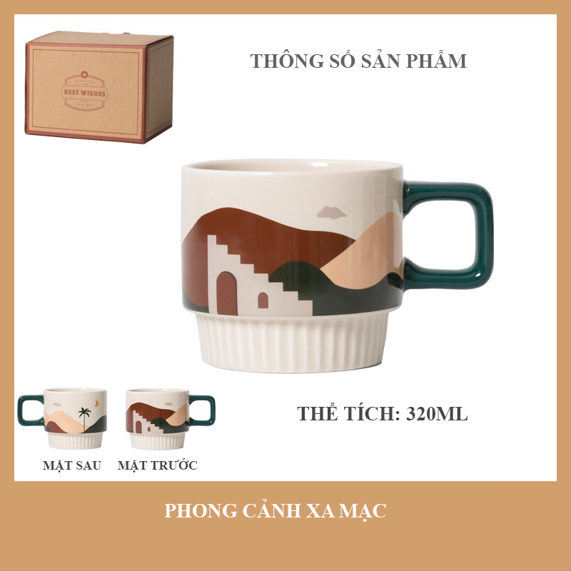 Ly gốm sứ cà phê có quai cầm 320ml họa tiết phong cảnh