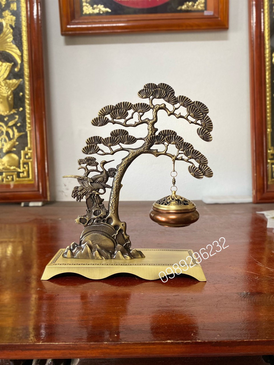 Xông trầm treo cây Tùng Hạc bằng đồng - lư xông trầm treo cây tùng hạc