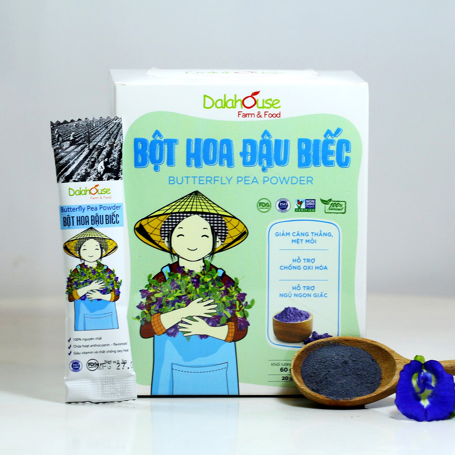 Bột Hoa Đậu Biếc hữu cơ sấy lạnh Dalahouse - 60g (20 tuýp nhỏ) - Giảm căng thẳng mệt mỏi - Hỗ trợ chống ô xy hóa - Tốt cho mắt và giúp cho giấc ngủ sâu - Tạo màu sắc cho thực phẩm