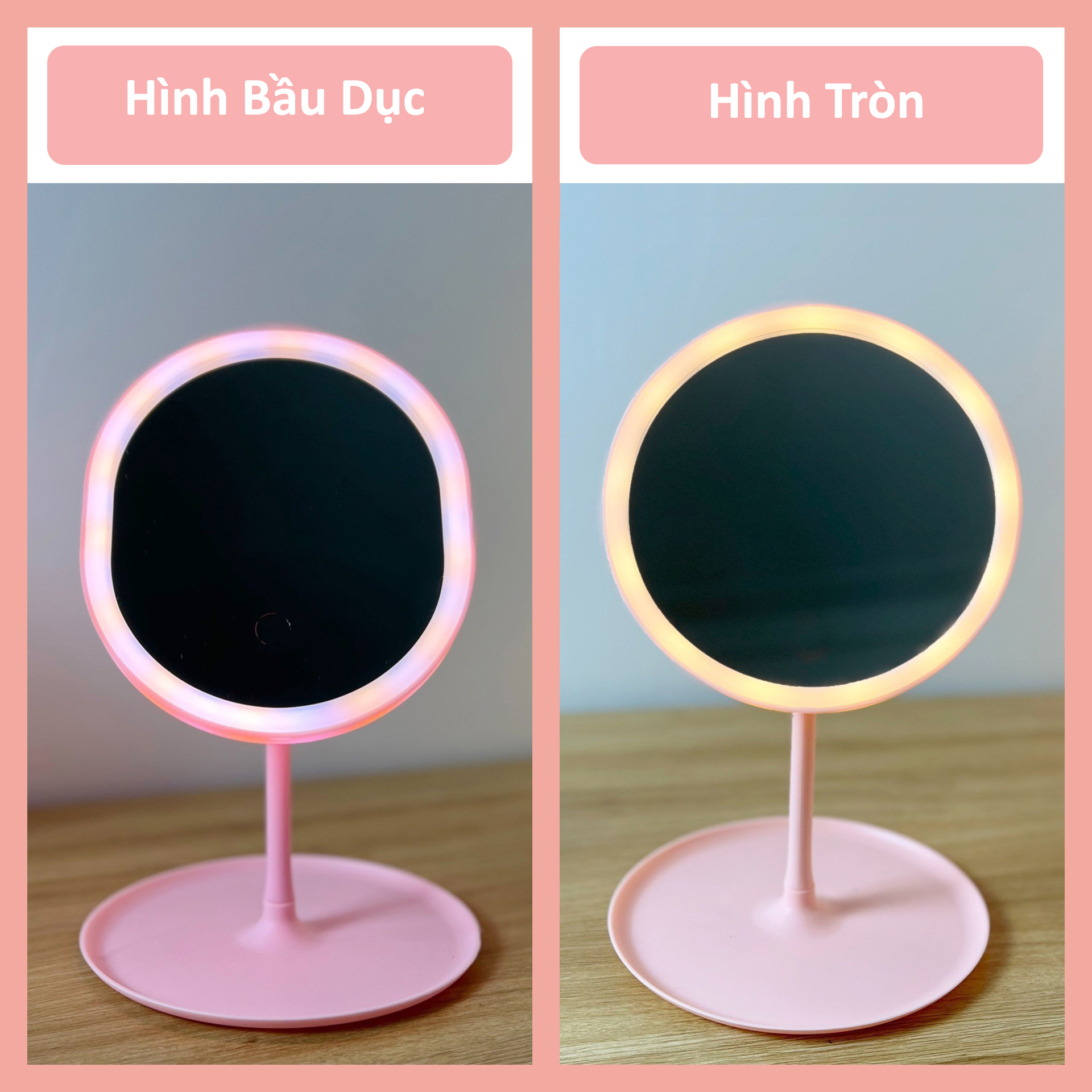 Gương Để Bàn Trang Điểm Mini Có Đèn, Led 3 Màu Ánh Sáng DLQ INTERIORS (Có Kèm Sạc)