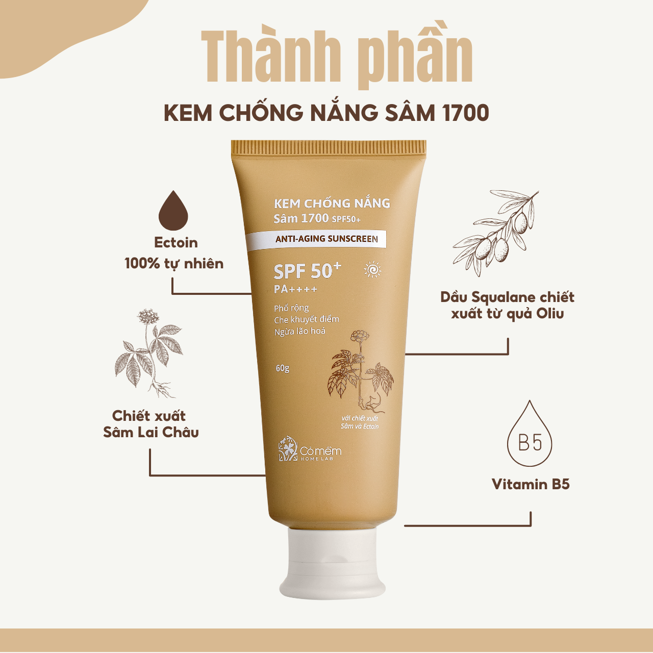 Kem Chống Nắng Sâm 1700 SPF50 PA++++ Phổ Rộng Chống Lão Hoá Bảo Vệ Dưỡng Ẩm Da Cỏ Mềm 60g