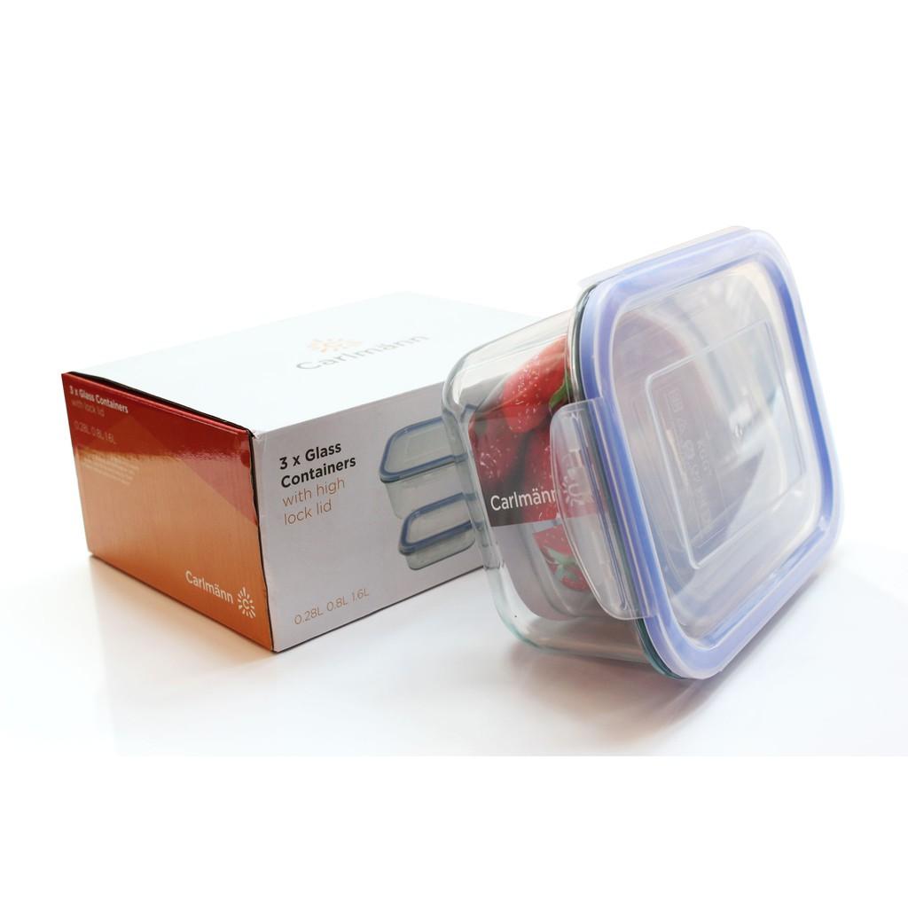 Bộ 3 thố thuỷ tinh nắp khoá chữ nhật Carlmann LRE1-2-3 (1 hộp 0.28L+ 1 hộp 0.8L+ 1 hộp 1.6L) (Trắng)