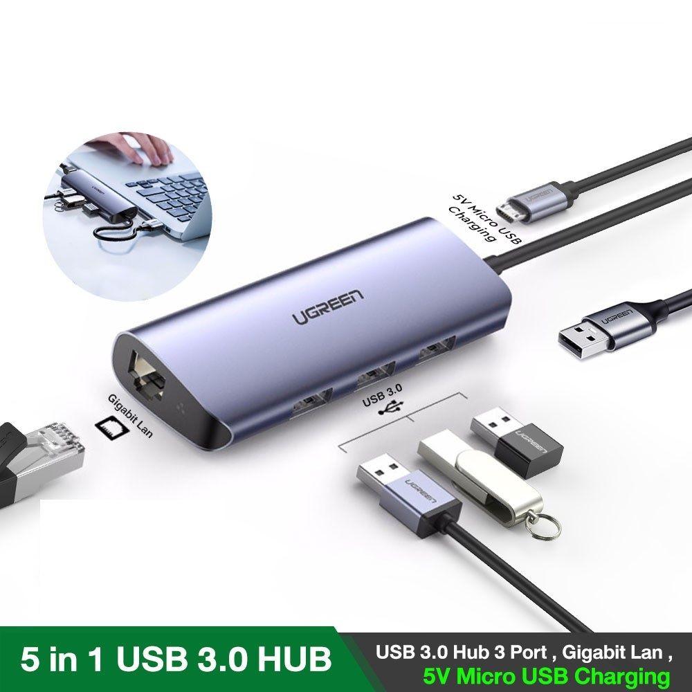 Ugreen UG60719CM252TK hub USB 3.0 ra 3*USB 3.0 + 10/100/1000 gigabit lan màu xám chất liệu nhôm cổng nguồn micro - HÀNG CHÍNH HÃNG