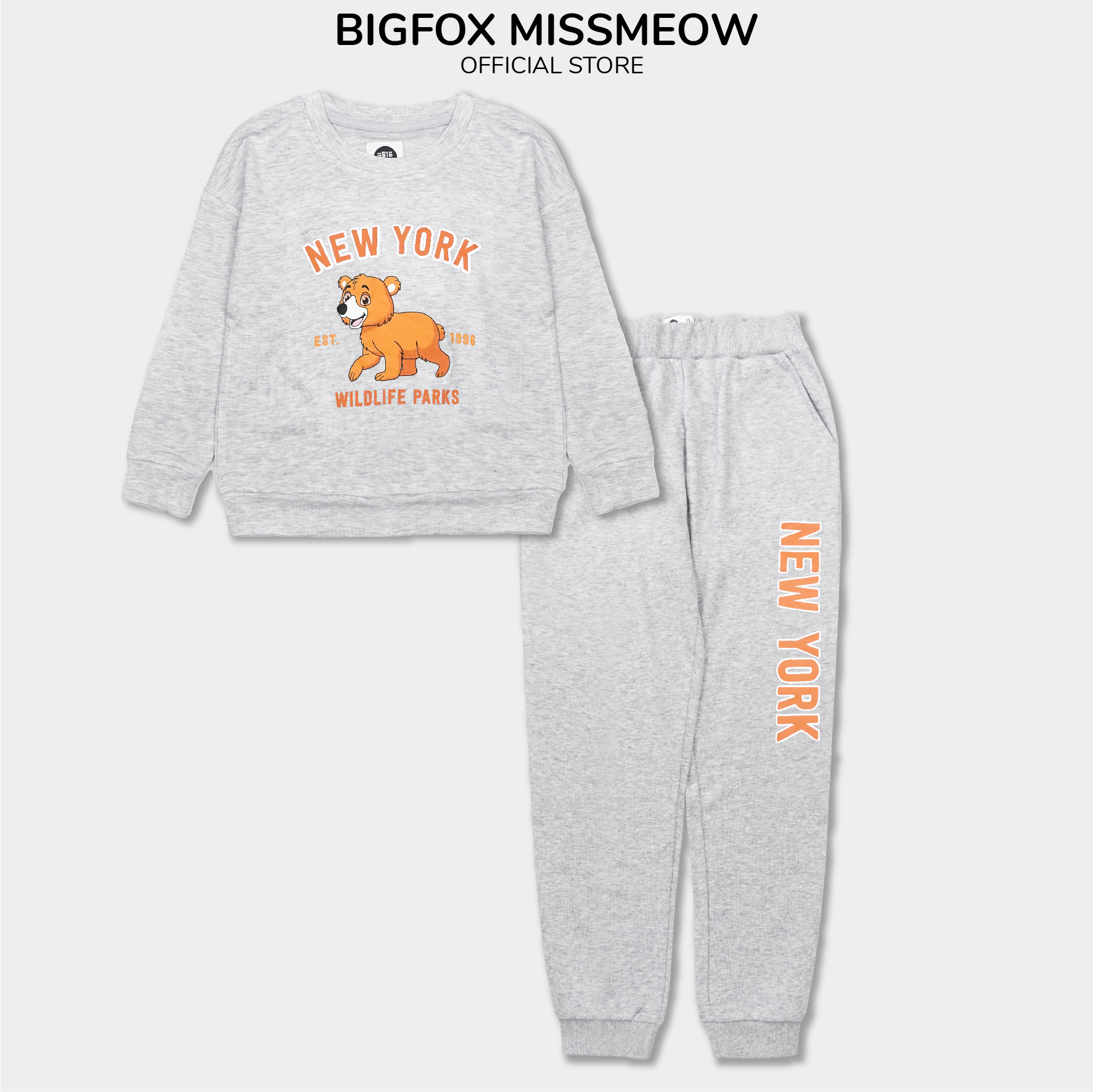 Bộ nỉ dài tay bé trai Bigfox Miss Meow mùa thu đông phong cách Hàn Quốc, size đại trẻ em 3,5,9,11 tuổi 40kg