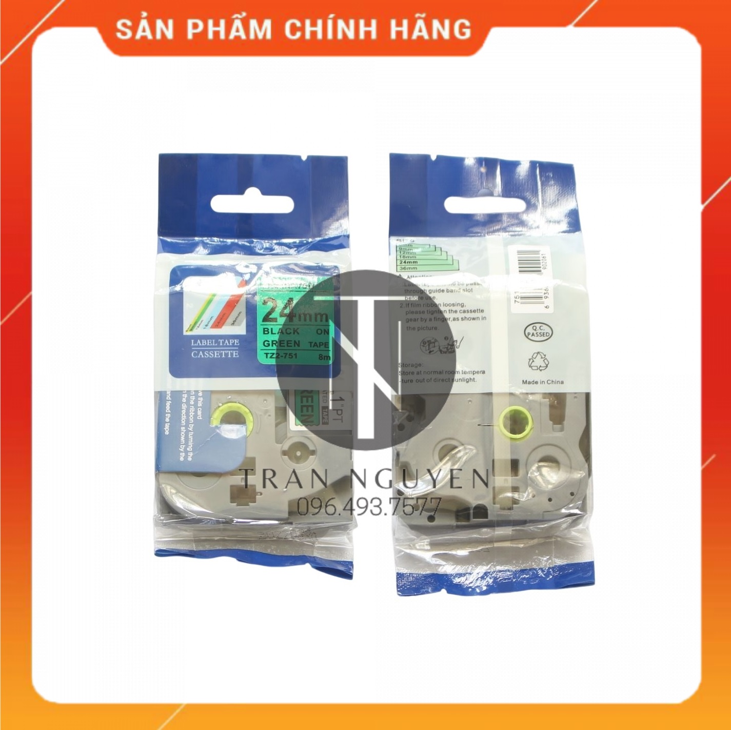 Nhãn In Brother Tz2-751 Đen nền xanh lá 24mm x 8m - Hàng nhập khẩu