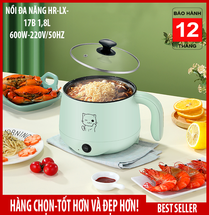 Nồi điện đa năng 1,8L nấu mỳ, lẩu, chiên, xào,...  tặng ổ cắm 3 chấu (HR-LX17B)