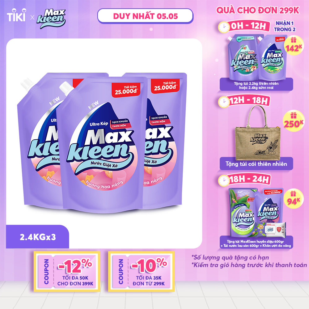 Combo 3 Túi Nước Giặt Xả Maxkleen Hương Hoa Nắng (2.4kg/túi)