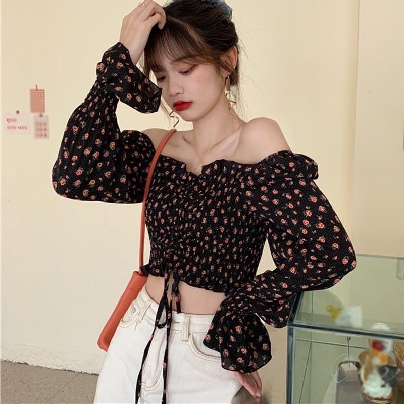 ÁO VOAN CROPTOP HOA NHÍ RÚT DÂY