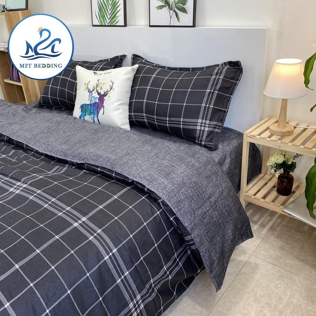 Bộ chăn ga gối Cotton Poly M2T bedding chăn ga nhập khẩu kẻ ô đen to miễn phí bo chun drap ga giường