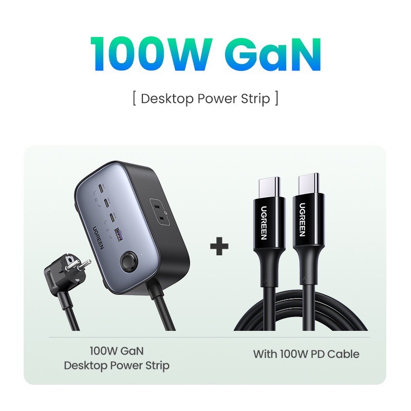 Sạc điện thoại đa năng DigiNest 3 cổng USB-C và 1 USB hỗ trợ GaN 100W màu đen kèm 2 ổ nguồn AC 220V Ugreen (60167). hàng chính hãng