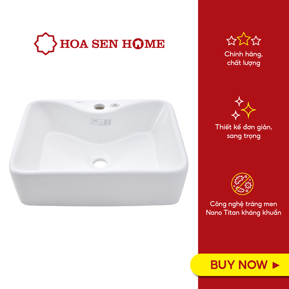 Lavabo đặt bàn Viglacera V72 màu trắng hình chữ nhật, chất liệu sứ ceramic, lòng chậu sâu - Hoa Sen Home - Hàng chính hãng