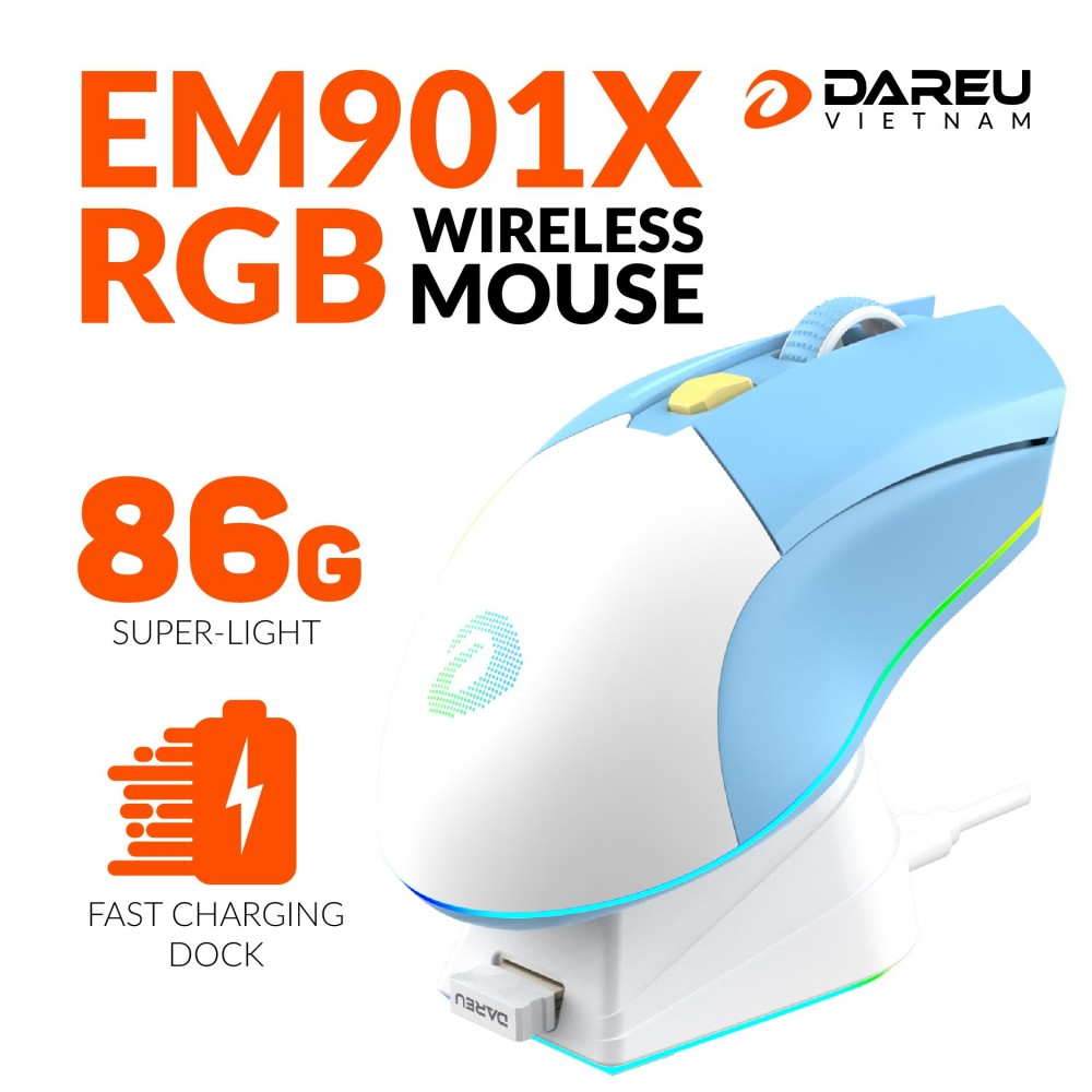 Chuột Gaming không dây DAREU EM901X RGB Blue White - SUPERLIGHT, FAST CHARING DOCK - Hàng Chính Hãng