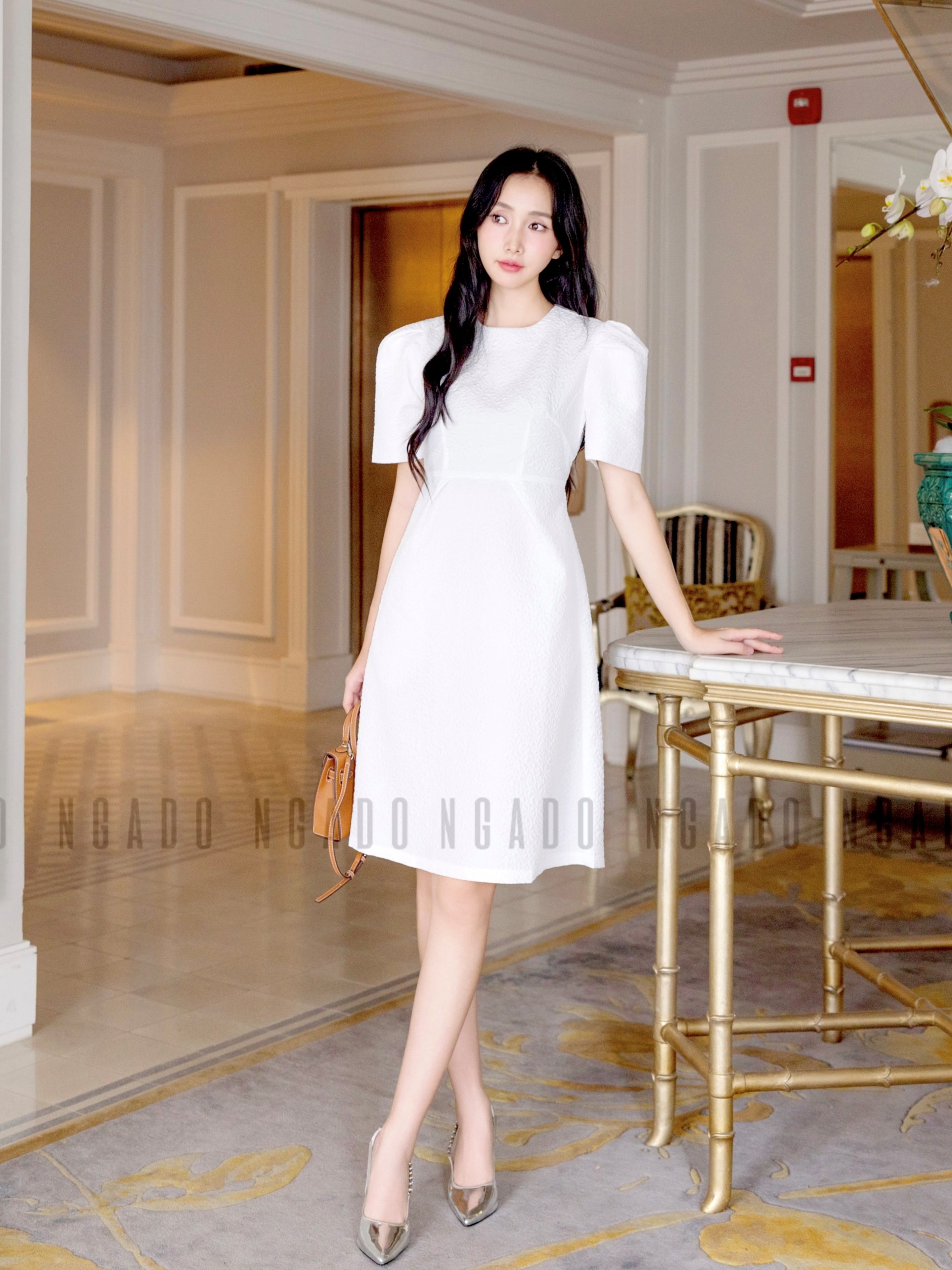 Đầm taffeta gấm trắng NGADO, Đầm dự tiệc sang chảnh, Đầm thiết kế