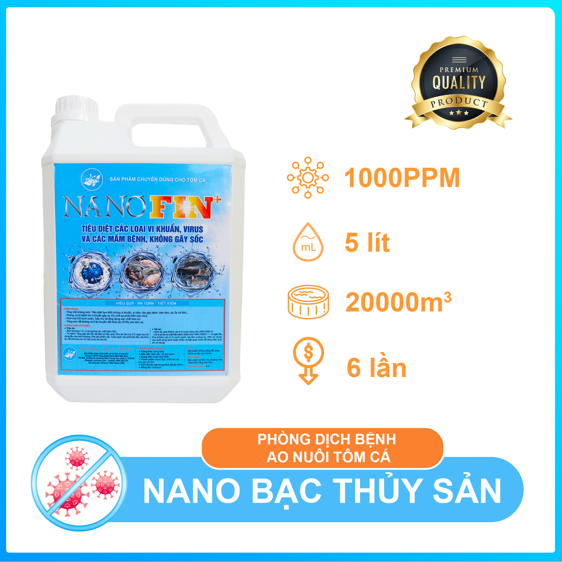 Nano bạc thủy sản Fin+ 1000ppm 5 lít - Diệt khuẩn phòng bệnh tôm cá, xử lý ao nuôi