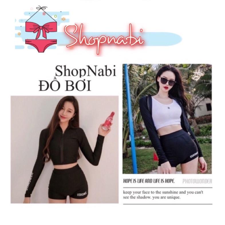 Bikini đi biển quảng châu- đồ bơi nữ tay dài kín đáo in chữ- shopnabi