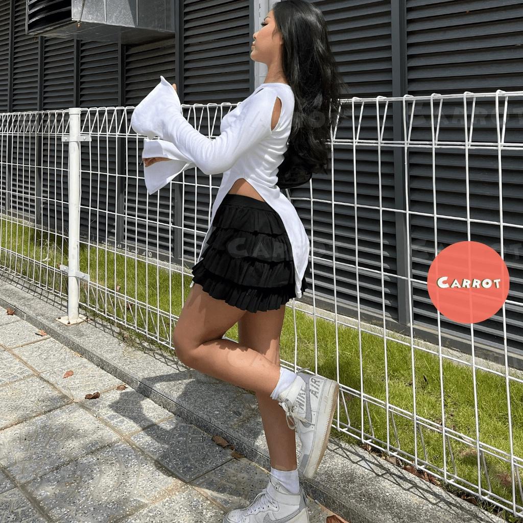 Áo croptop ôm tay dài trắng chân váy tầng ôm eo tôn dáng trendy thời trang nữ carrotxinhdep