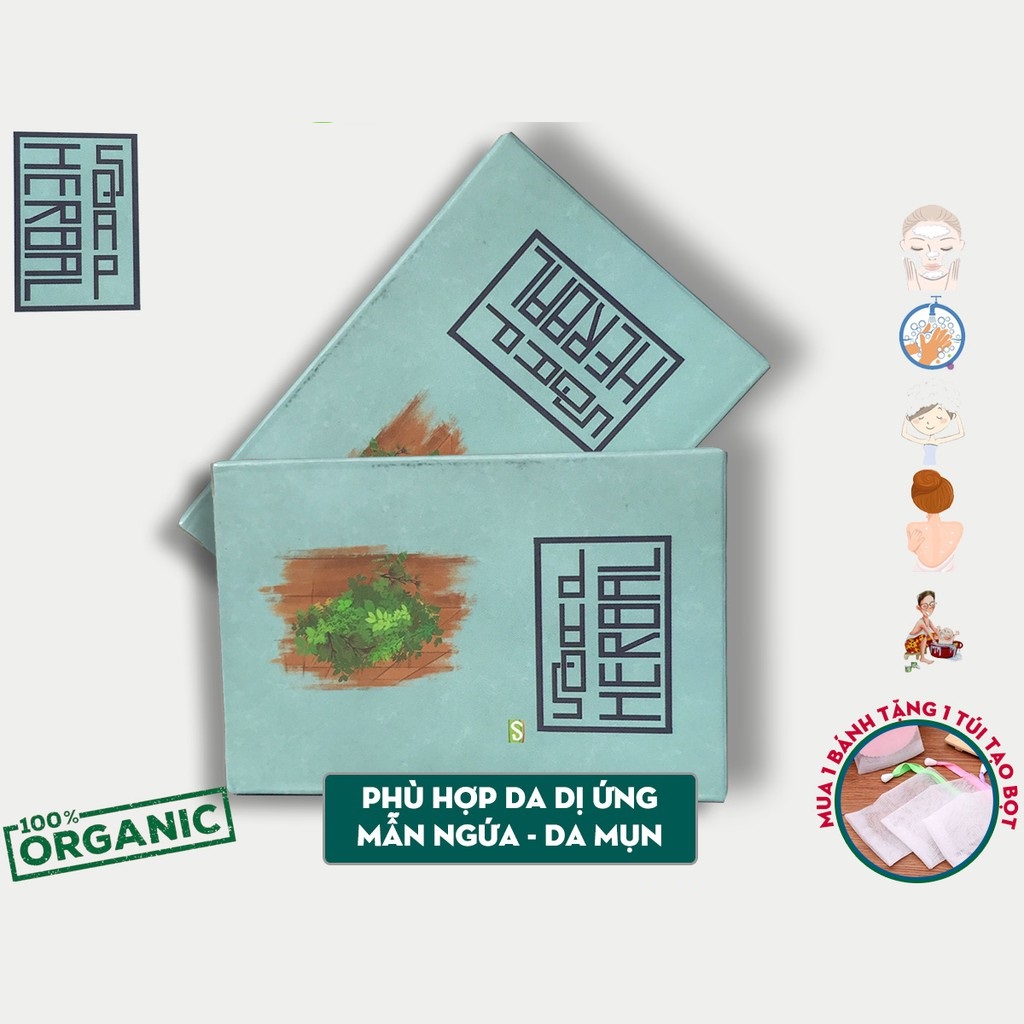 Xà bông Sinh Dược Herbal soap cao tắm thảo dược, xà bông cục handmade 100gr, mẫu bao bì vẽ mộc, mùi tinh dầu đặc trưng của Sinh Dược, làm sạch hiệu quả với da dị ứng và mẫn ngứa.