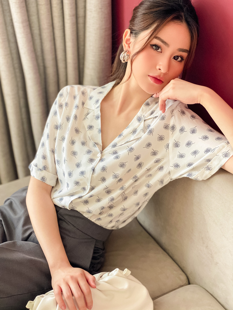 Áo Sơ Mi Nữ Tay Ngắn Cổ Vest Lụa GILLEE Họa Tiết Hoa Calantha