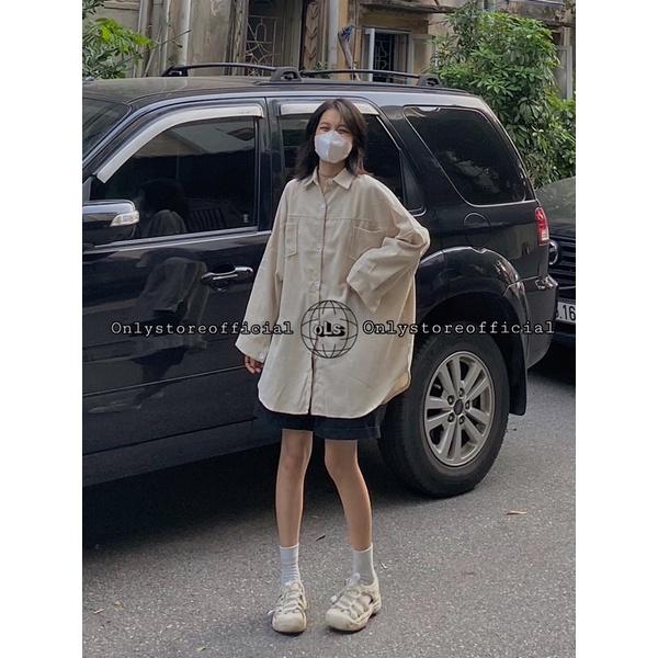 Áo sơ mi nhung be oversize siêu to khổng lồ