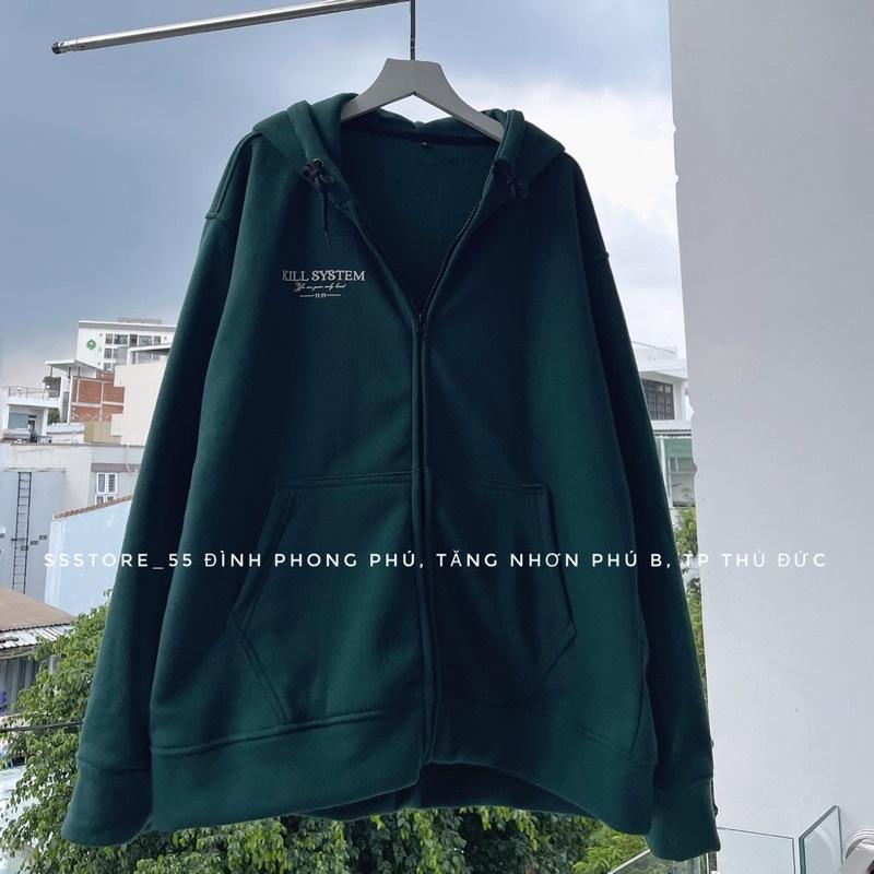 Áo khoác hoodie zip có nón vải nỉ in họa tiết KILL_SY.S màu xanh rêu form rộng unisex nam nữ - SSSTore