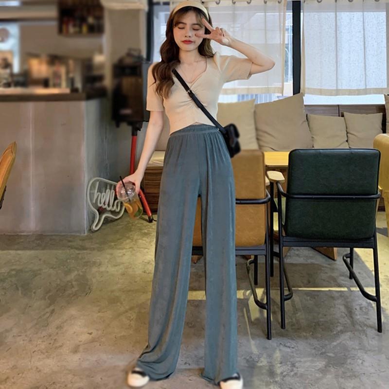 Quần Dài Ống Rộng Lưng Cao Thời Trang Mùa Hè Hàn Quốc Cho Nữ
