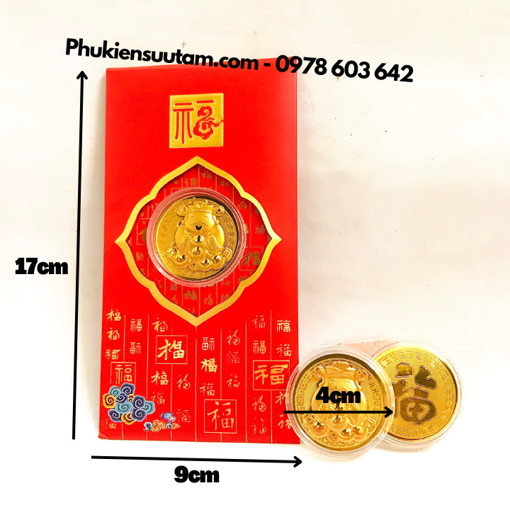 Bao Lì Xì Đồng Xu Thần Tài Cute Mạ Vàng, kích thước: 17cmx9cm, màu đỏ - SP005982