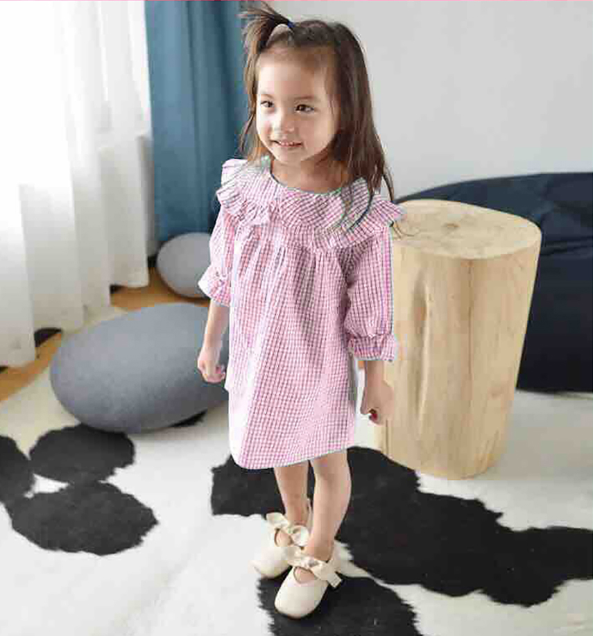 Đầm caro đỏ cổ sen tay bồng cổ điển siêu dễ thương cho bé gái 1-7 tuổi từ 12 đến 24 kg 01344