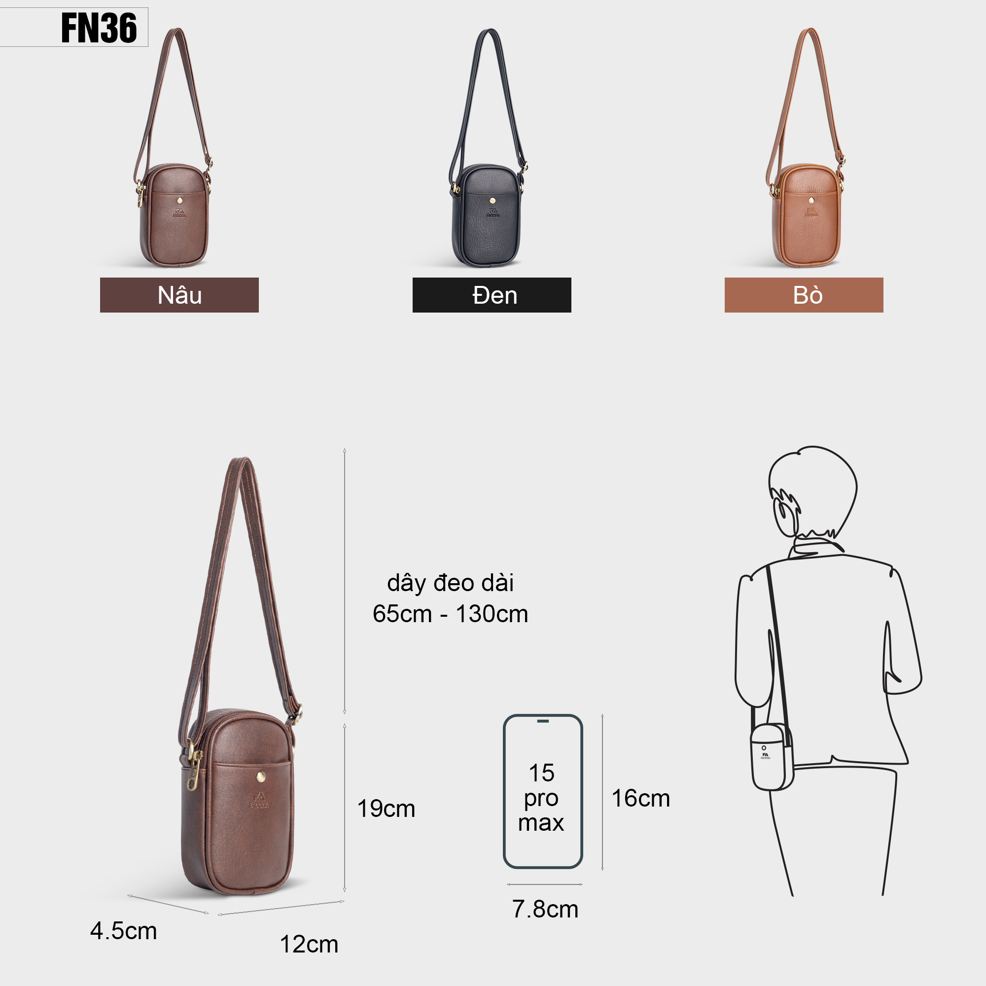 Túi đeo chéo da nữ mini đựng điện thoại Fadoda FN36