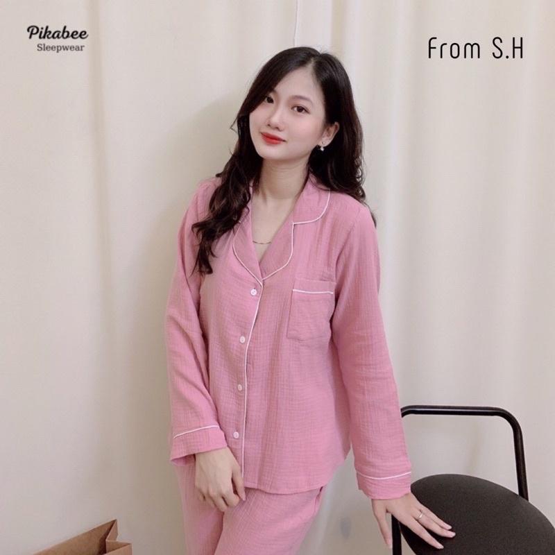 Bộ đồ ngủ nữ dài tay, bộ đồ pizama chất liệu xốp đũi Hàn mề