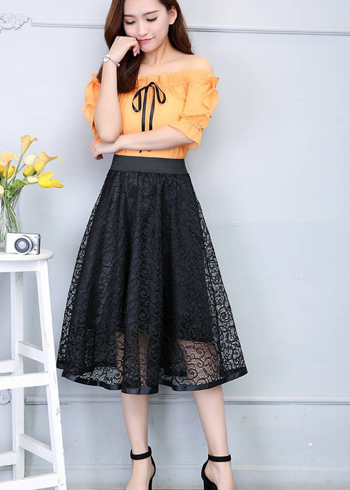 Chân váy xòe tròn ren hoa cao cấp