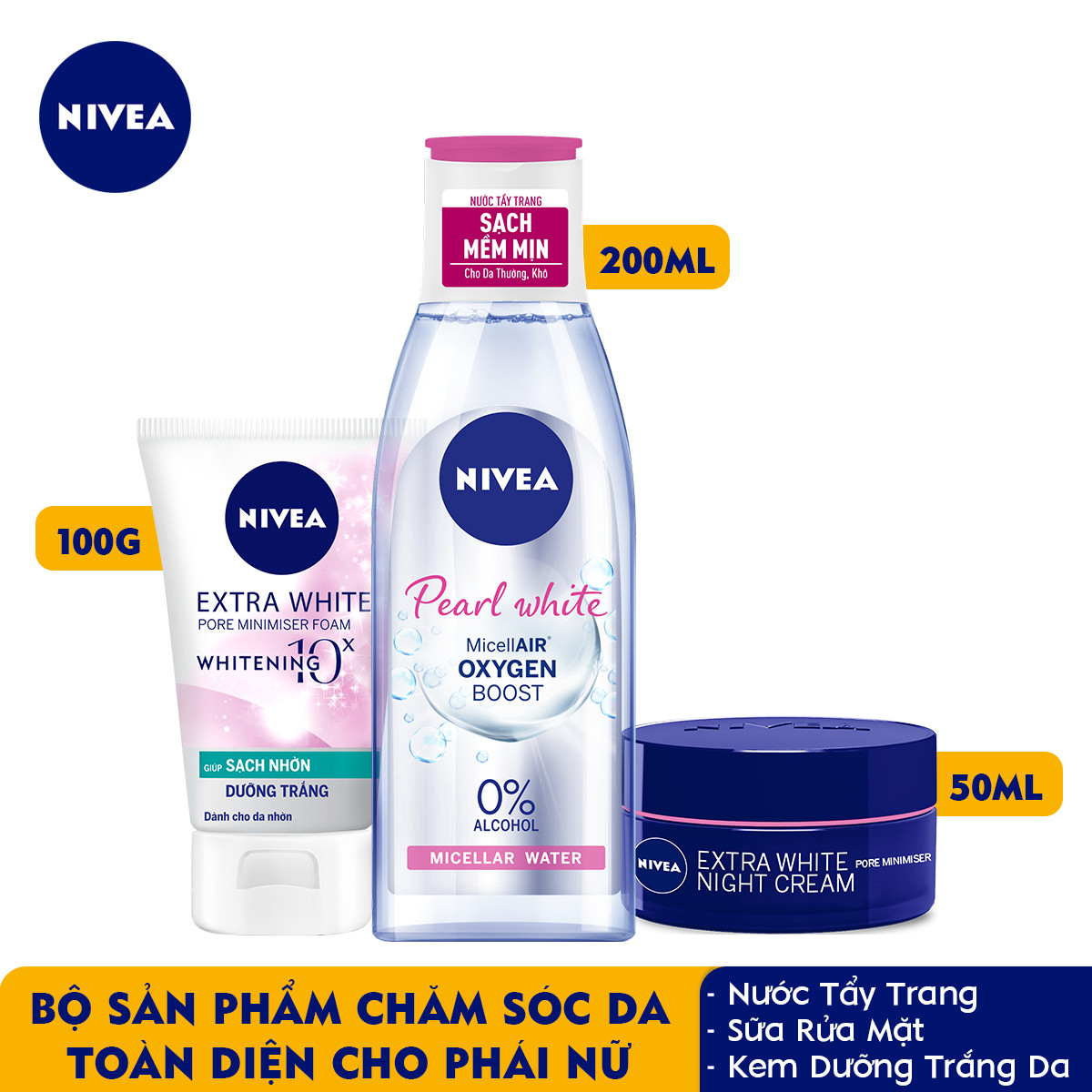 Bộ 3 Nước Tẩy Trang NIVEA Pearl White Làm Sáng Da Micellar Water (200ml) - 84911 &amp; Sữa rửa mặt NIVEA Pearl White giúp trắng da ngọc trai (100g) - 81295 &amp; Kem Dưỡng Trắng Da NIVEA Extra White Se Khít Lỗ Chân Lông Ban Đêm (50ml) - 86740