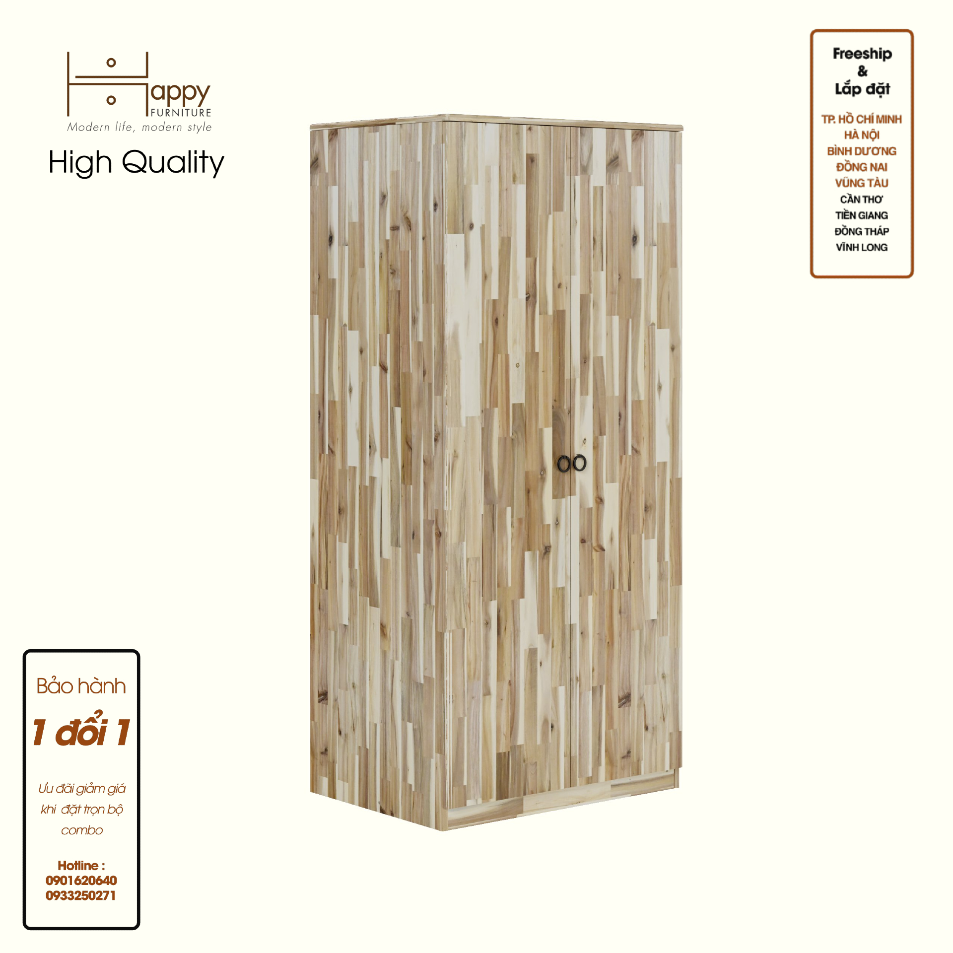 HAPPY FURNITURE , Gỗ tự nhiên , Tủ quần áo 2 cửa mở - YANNA , TCM_195 , 80cm x 59cm x 176cm