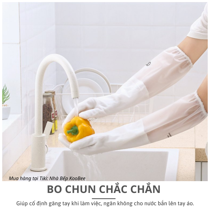 Găng tay cao su lót bông nỉ loại dài - Găng tay rửa bát làm bếp siêu dai không mùi KooBee (NB)