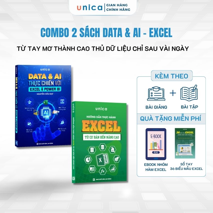 Combo 2 sách Excel và Data AI thực chiến với Excel & Power BI - Làm chủ Báo Cáo & Dashboard