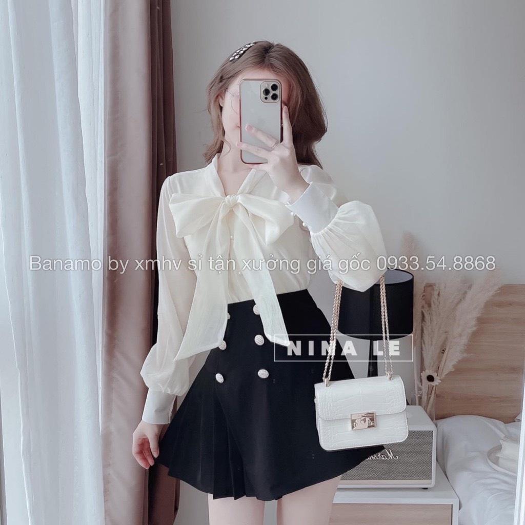 Áo sơ mi cổ nơ voan tơ cao cấp tay bồng phối khuy ngọc thời trang Banamo Fashion 3914