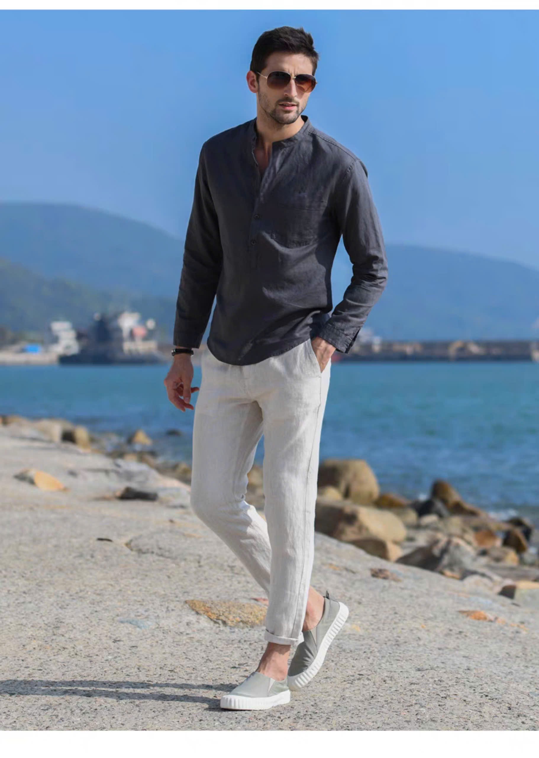 Sơ mi tay dài nam chất liệu linen mềm mịn, thấm hút mồ hôi, màu xanh than dễ mặc