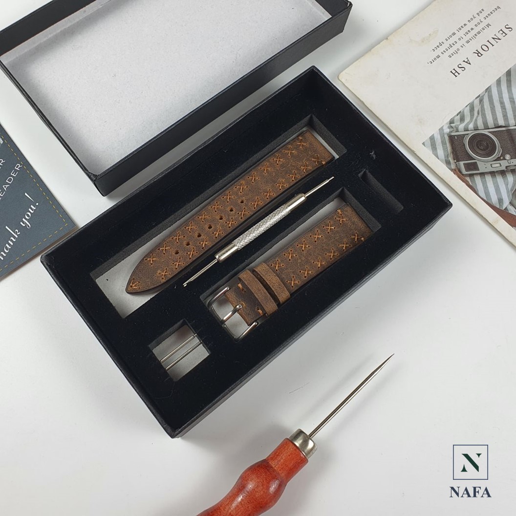 Dây đồng hồ nam handmade thủ công da bò sáp NAFA AL117 đường may bền bỉ, tinh tế
