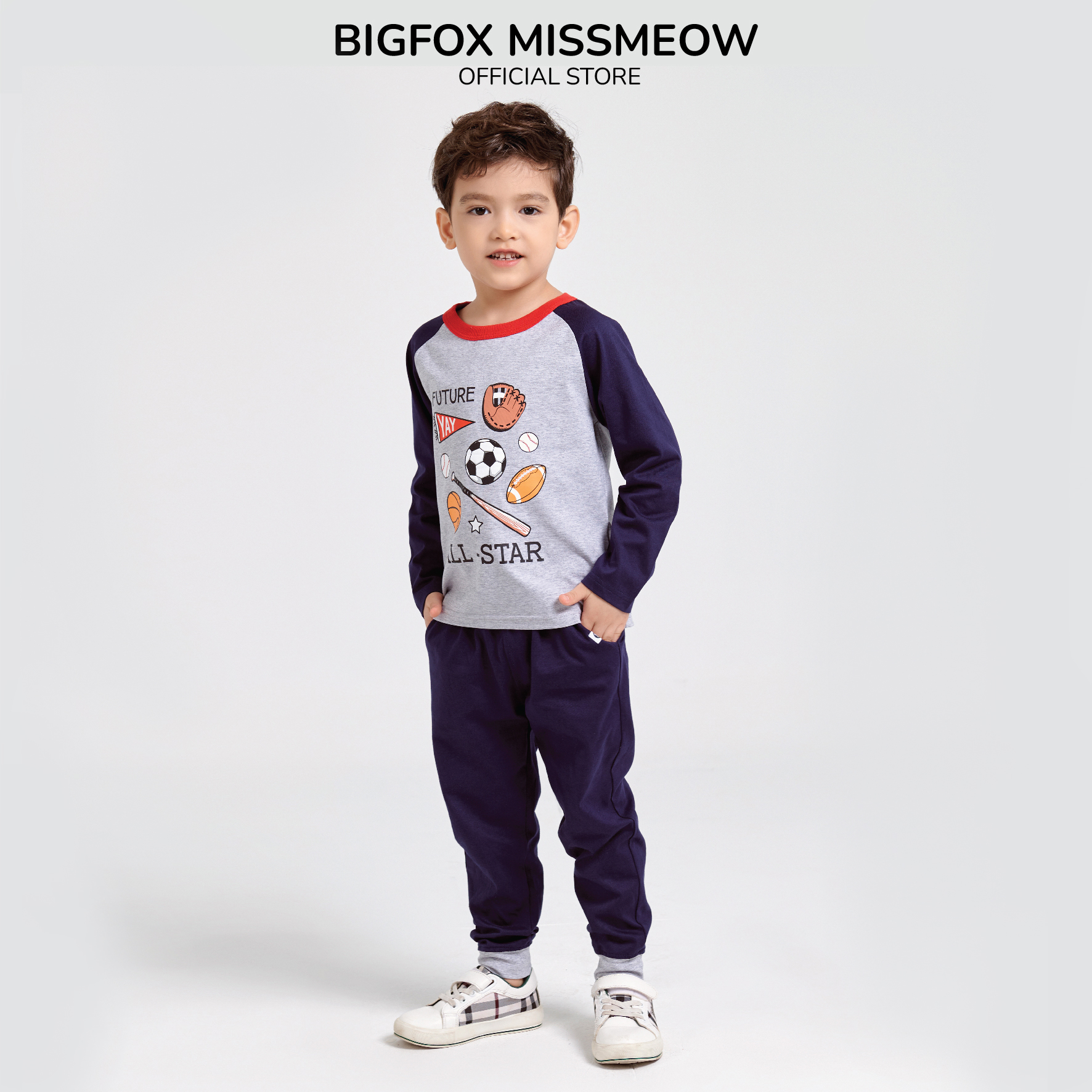 Bộ bé trai BIGFOX - MISS MEOW thu đông, bộ dài tay cho bé phong cách Âu Mỹ hình in quả bóng10 - 26 kg