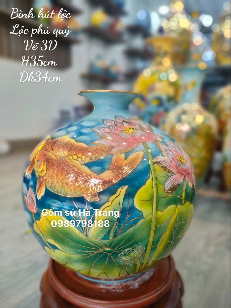 Bình hút tài lộc gốm sứ Bát Tràng cao cấp vẽ vàng hoạ tiết lộc phú quý cao 35cm